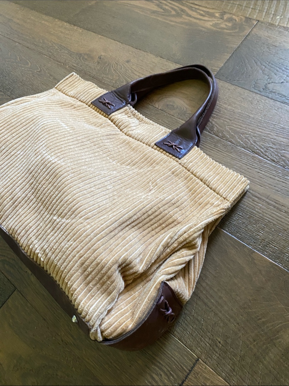 Saks Fifth Avenue Beige Corduroy Tote with Dark Brown Handles